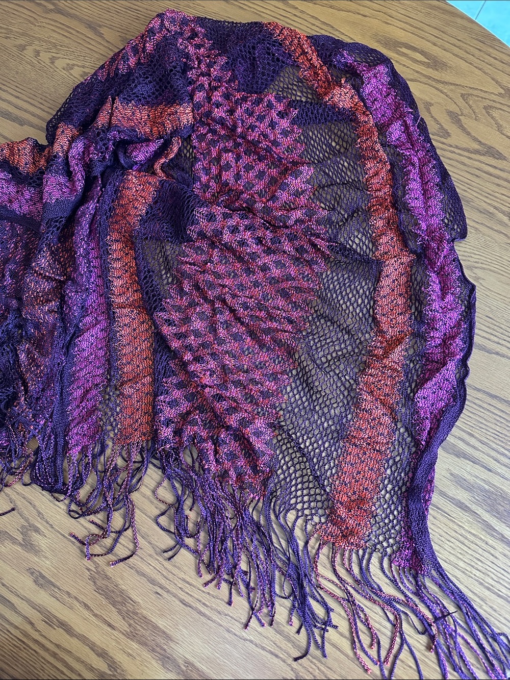 Purple and Magenta Open-Weave Fringe Scarf
